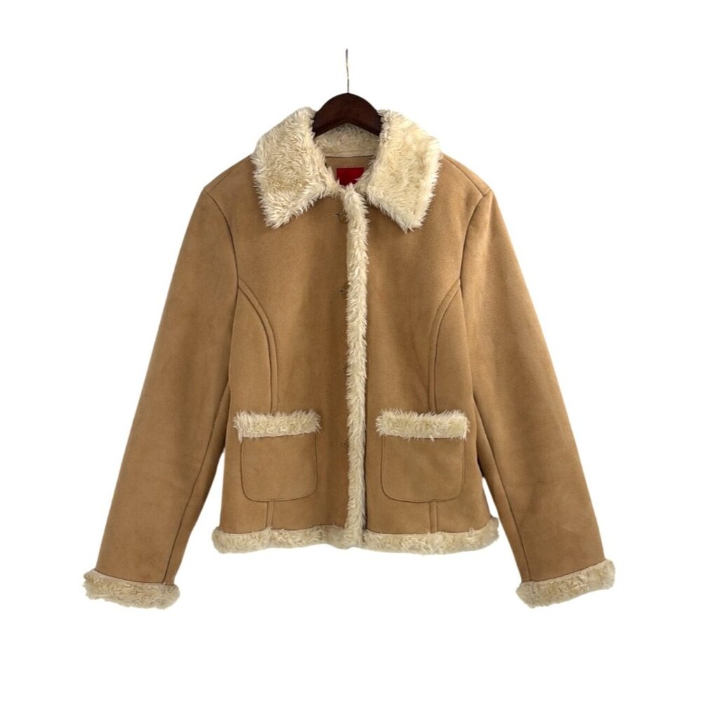 Y2K Esprit Womens XL Faux Suede Shearling Penny Lane Coat Beige Sherpa Lined